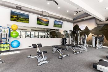 A gym with a variety of equipment including weights and exercise balls.